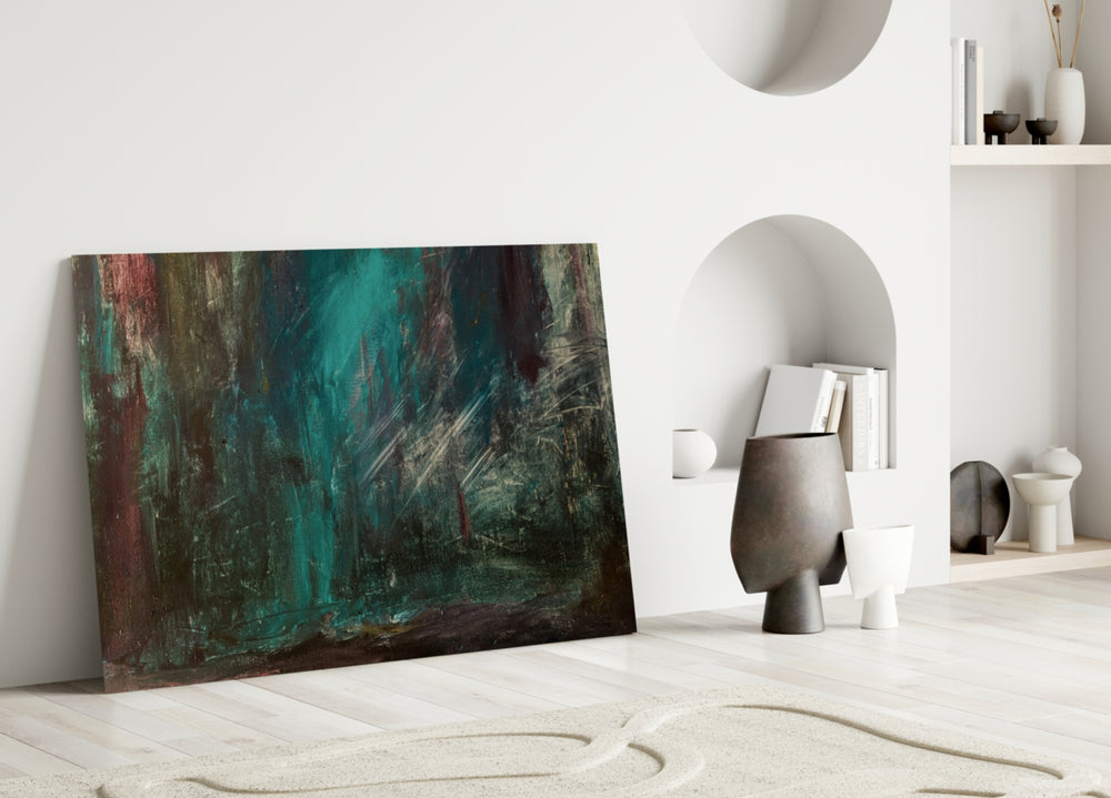 Close-up detail of expressionist brushstrokes in forest green and oxblood