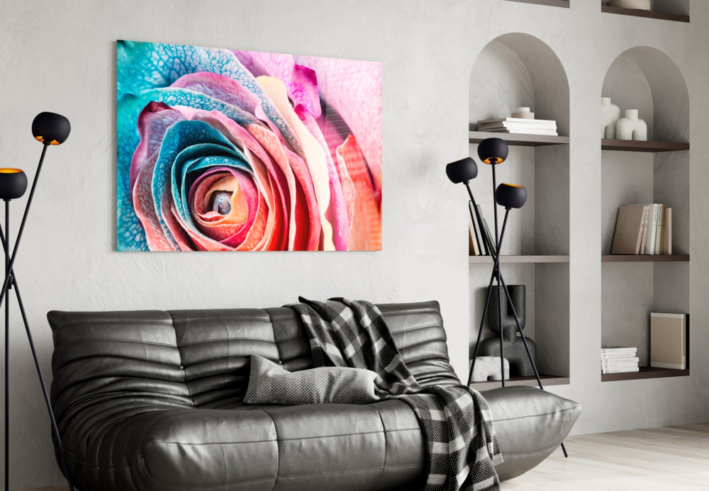 Colored Rose glass wall art styled above a vanity in a powder room