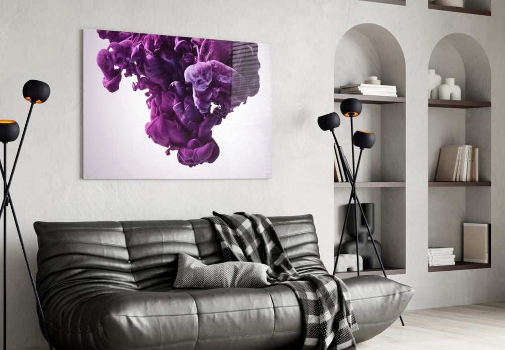 Purple Smoke glass wall art styled above a bed in a serene bedroom