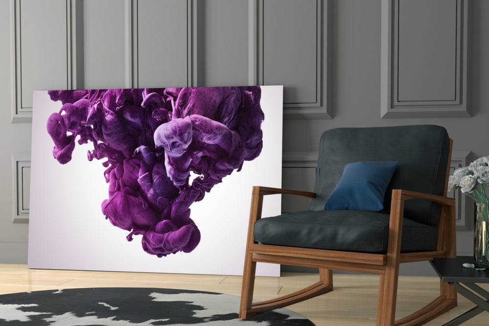 Purple Smoke glass print enhancing a powder room with violet pulse