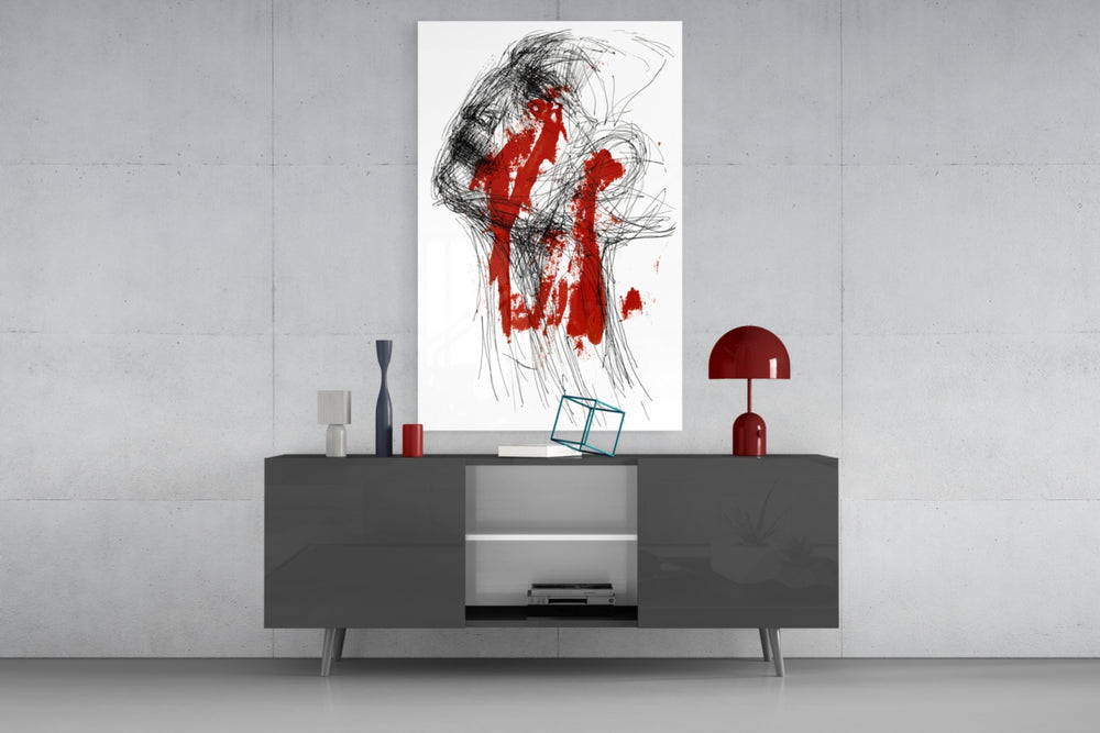 Red Thoughts panel catching gallery light to reveal its raw emotional charge