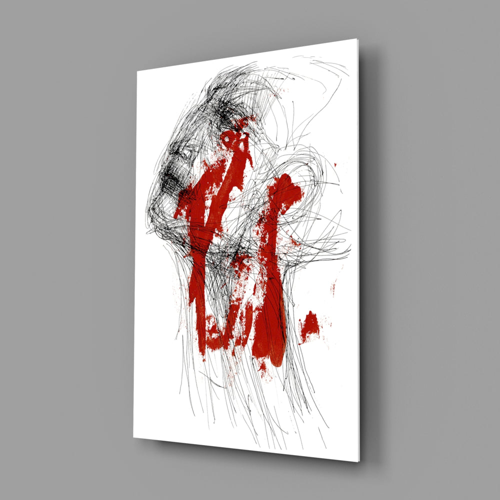 Ink-and-crimson panel bringing expressive gesture to a contemporary living space