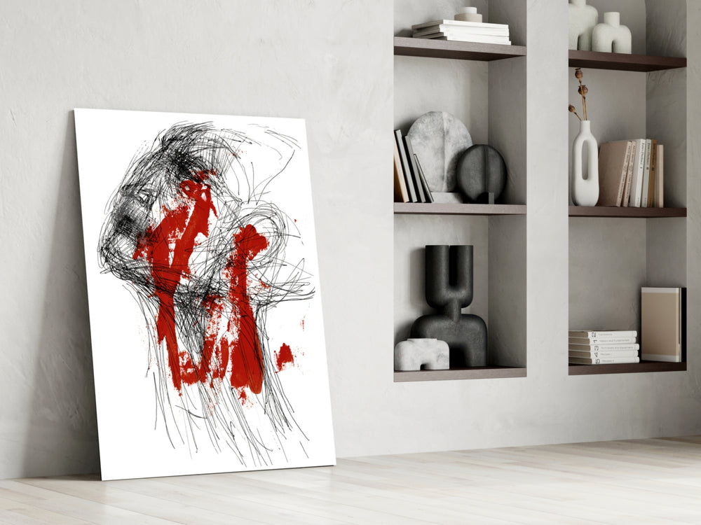 Red Thoughts glass print enhancing a hallway with editorial mood