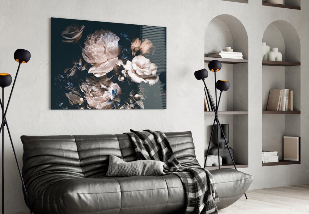 Flowers glass wall art styled above a sideboard in a moody dining room