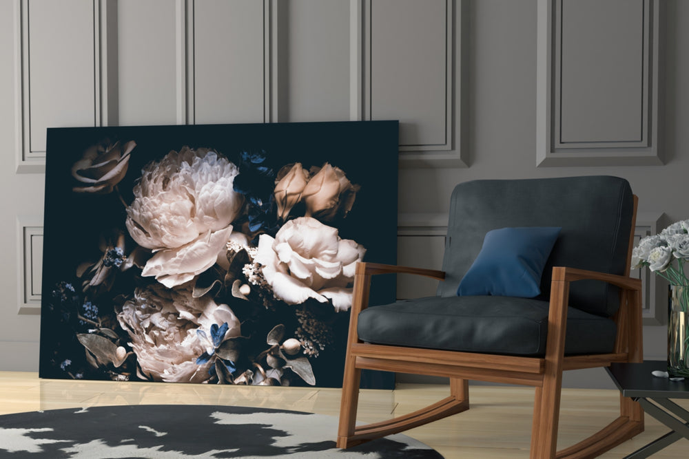 Flowers glass print enhancing a powder room with velvet glamour