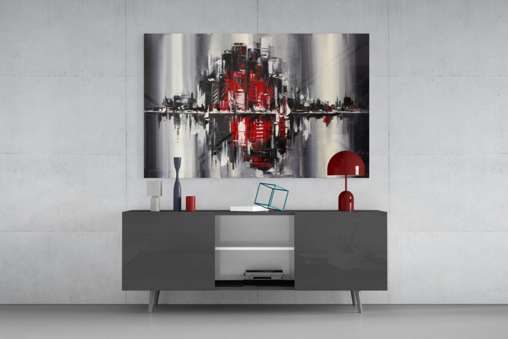 City Reflection panel catching gallery light to reveal its kinetic vertical strokes