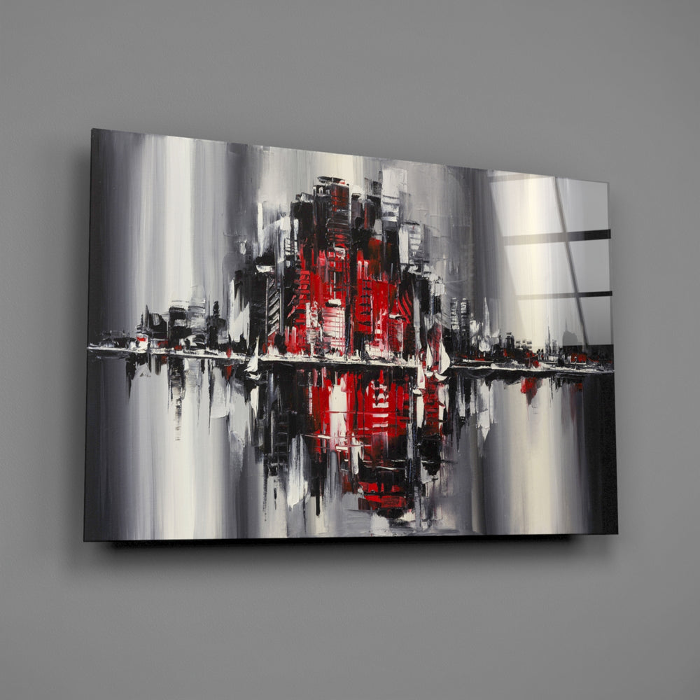 Skyline-reflection panel bringing urban drama to a contemporary living space