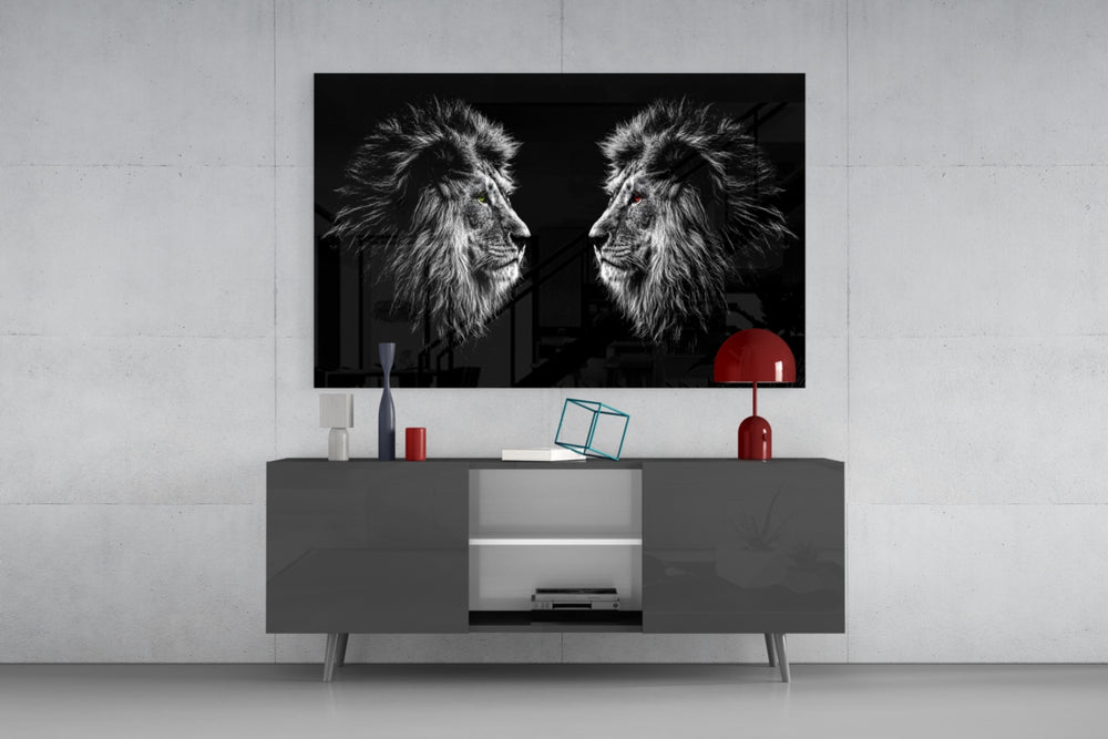 Lion panel catching low light to reveal its mirrored intensity