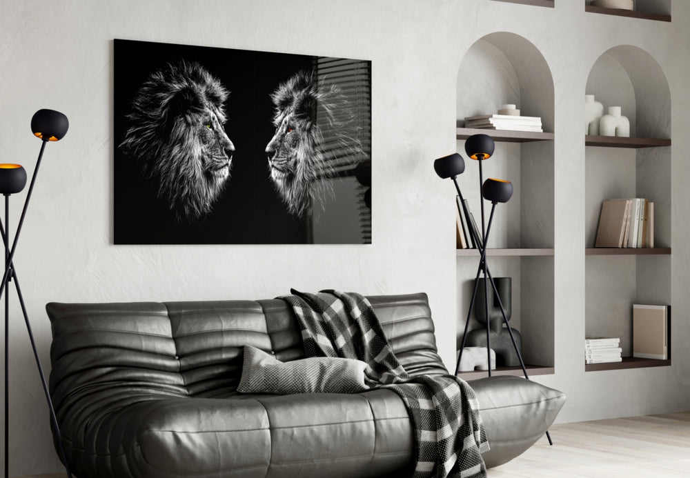 Lion glass wall art styled above a desk in an executive-presence study