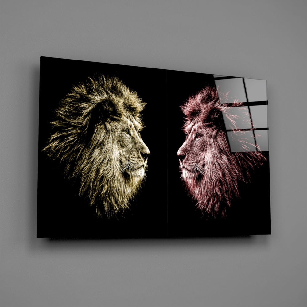Gold-and-crimson lion panel bringing mythic gravity to a contemporary living space