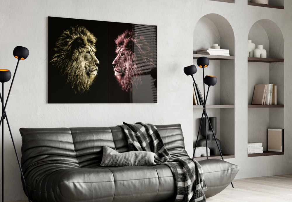 Lion glass wall art styled above a desk in an executive-presence study