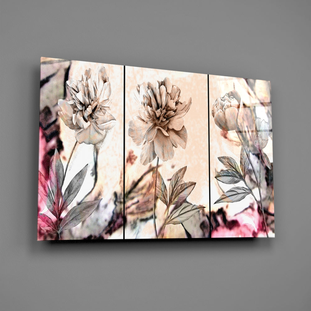 Peony triptych panel bringing romantic softness to a contemporary living space
