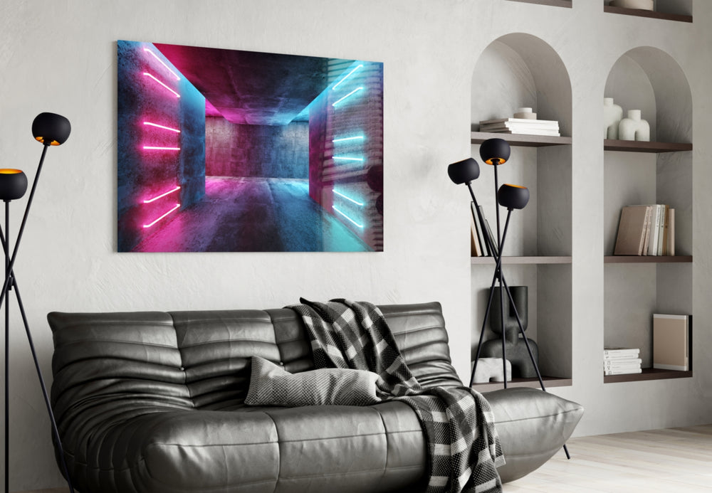 Neon Lights glass wall art styled above a desk in a gaming teen room