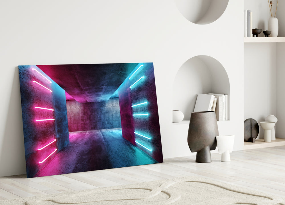 Close-up detail of magenta-and-cyan neon strips on raw concrete walls