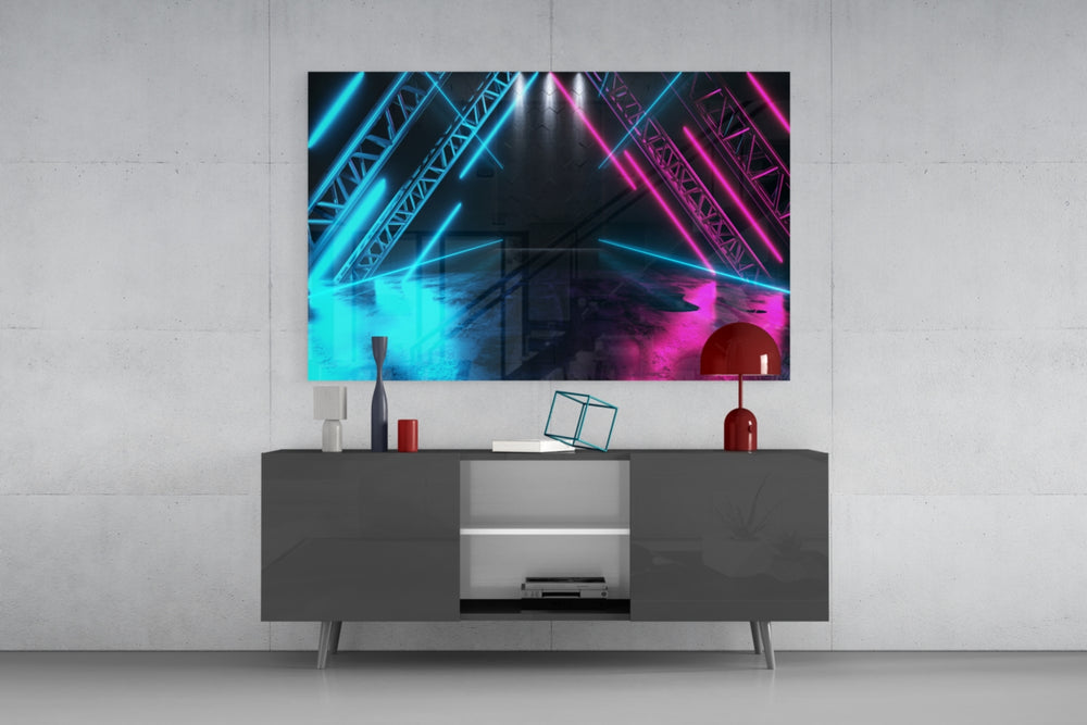 Neon Lights panel catching low light to reveal its mirror reflection