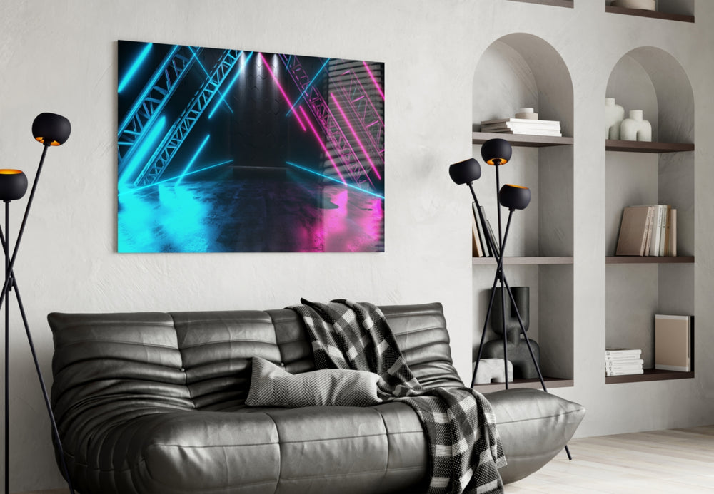 Neon Lights glass wall art styled above a console in a music room