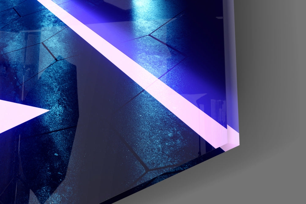 Neon Lights artwork anchoring a wall with cool futurist palette