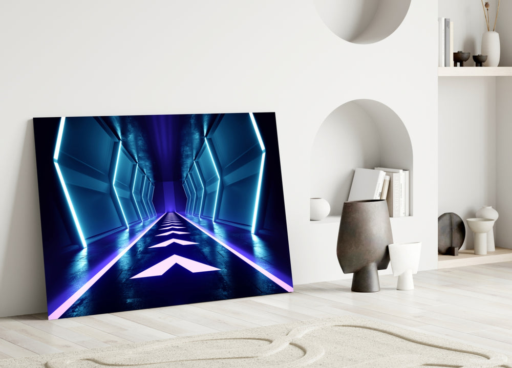 Close-up detail of white neon strips and chevron arrows on deep blue corridor