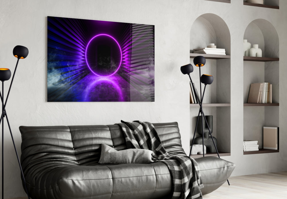 Neon Lights glass wall art styled above a console in a music room