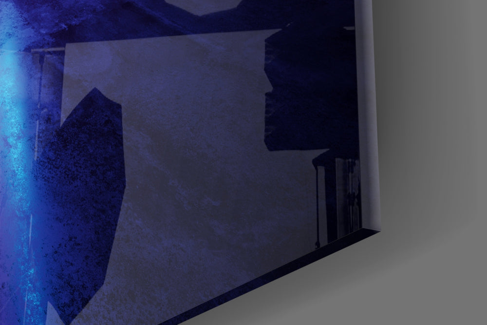 Neon Lights artwork anchoring a wall with moody futurist palette
