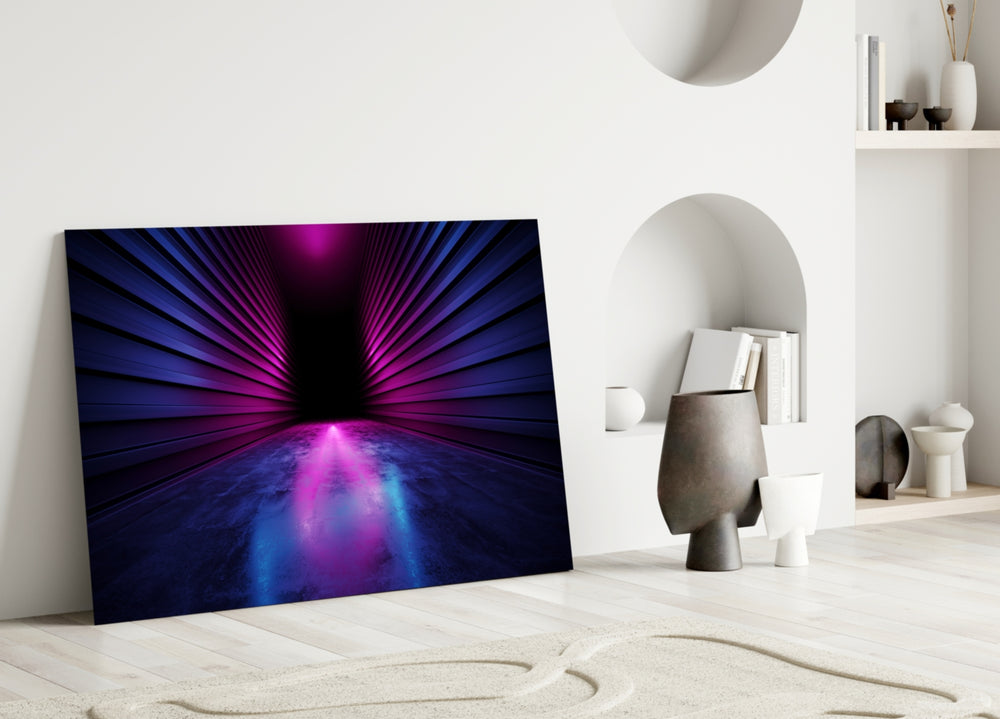 Close-up detail of magenta-and-cobalt slatted walls in vanishing perspective