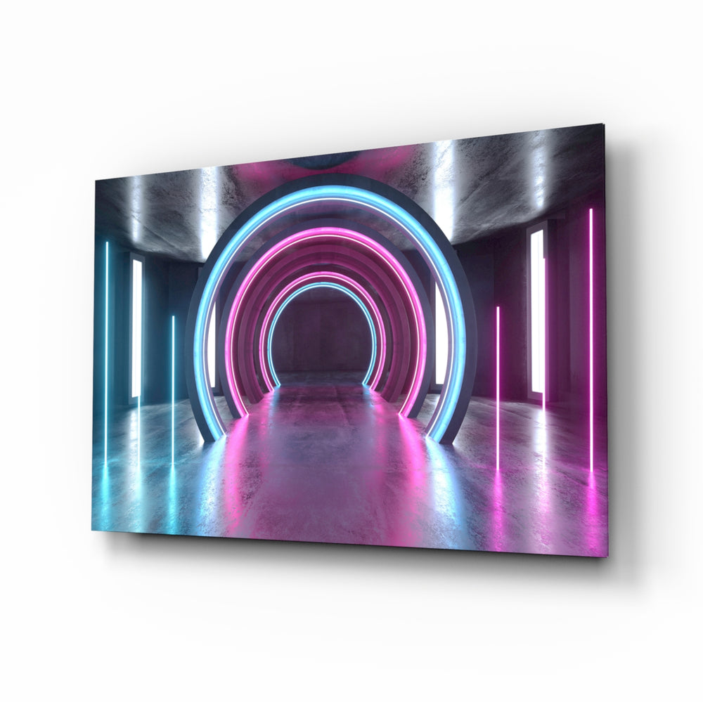Neon Lights glass wall art displayed above a console in a designer interior