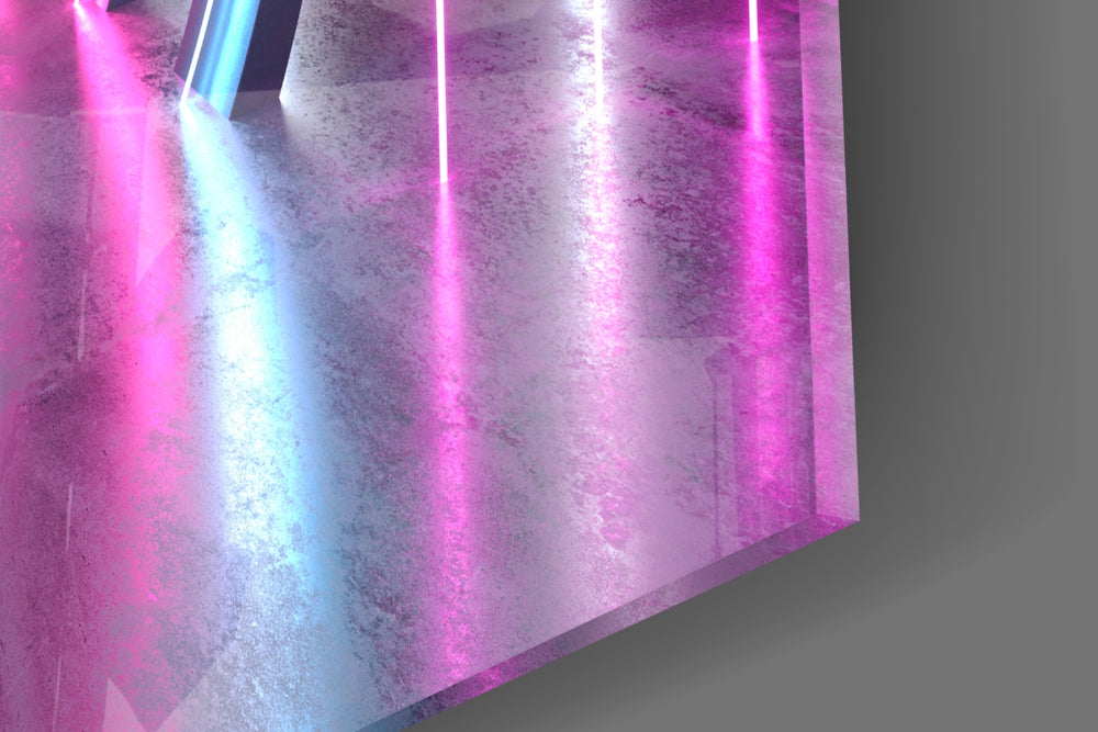 Neon Lights artwork anchoring a wall with bold futurist palette