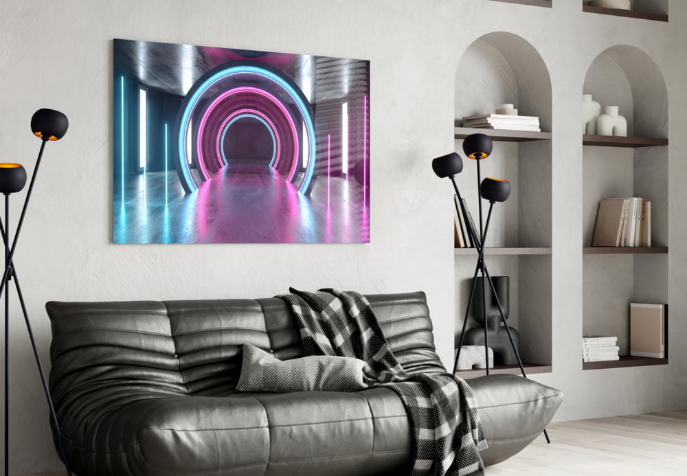 Neon Lights glass wall art styled above a desk in a gaming teen room