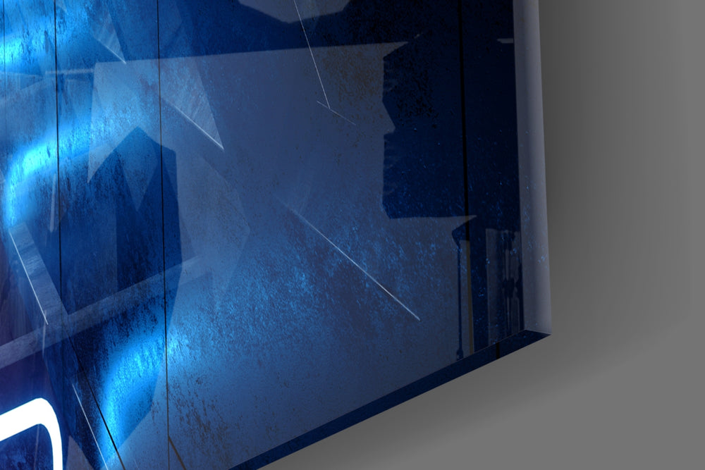 Neon Lights artwork anchoring a wall with bold futurist palette