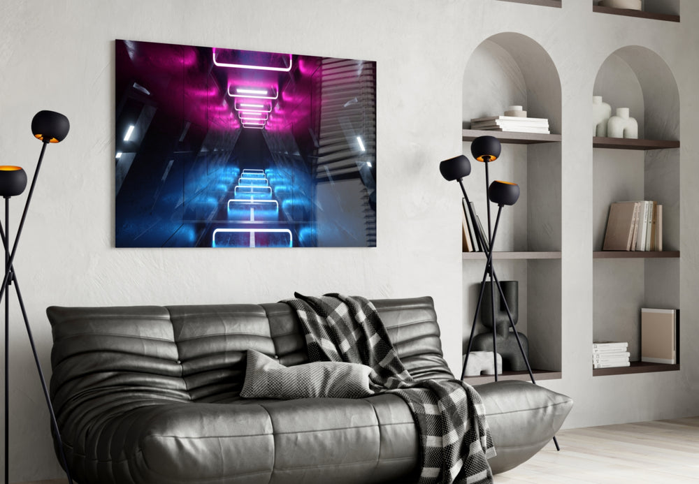 Neon Lights glass wall art styled above a desk in a gaming teen room
