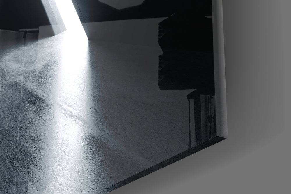 Geometric Structures artwork anchoring a corridor with modern palette