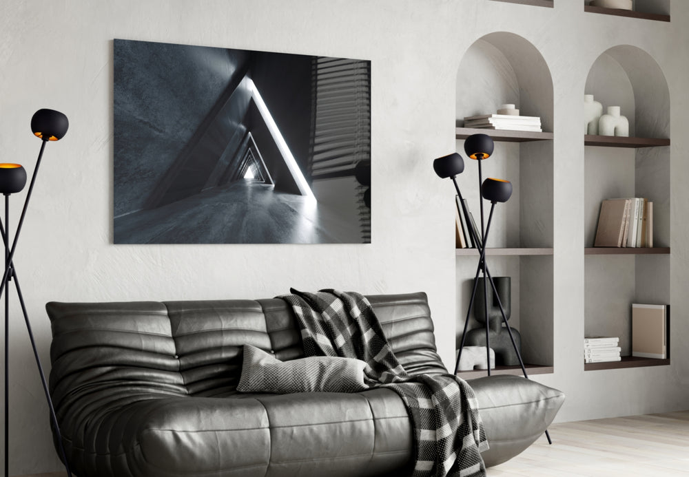 Geometric Structures glass wall art styled above a desk in a corporate office