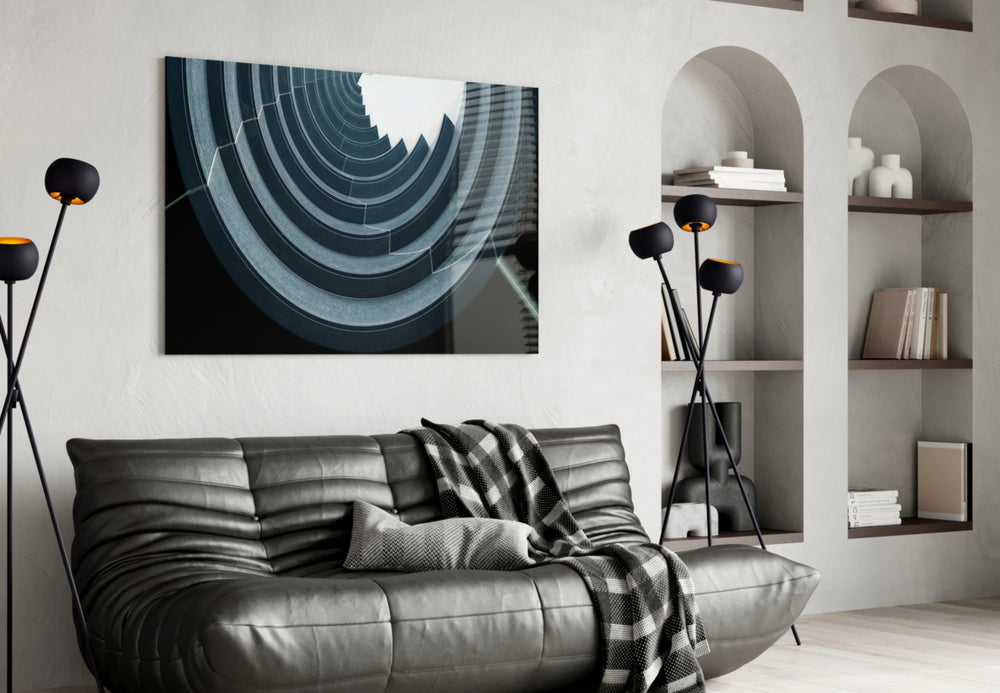 Geometric Structures glass wall art styled in a stairwell with structural mood