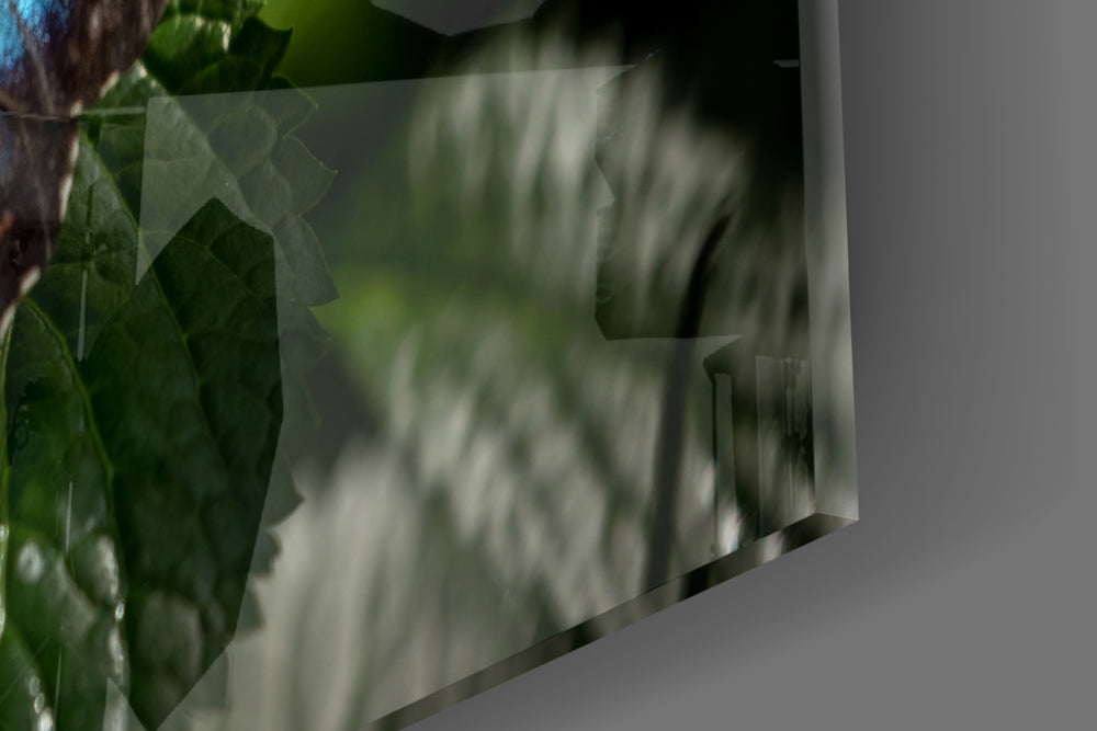 Butterfly artwork anchoring a wall with biophilic palette