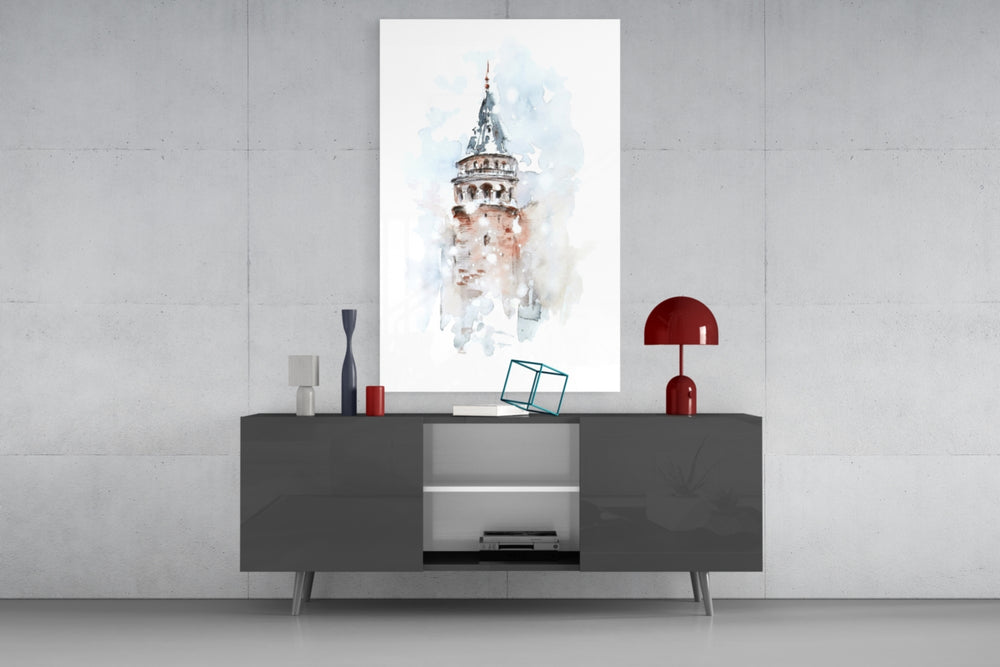Galata Tower panel catching daylight to reveal its watercolor bleed