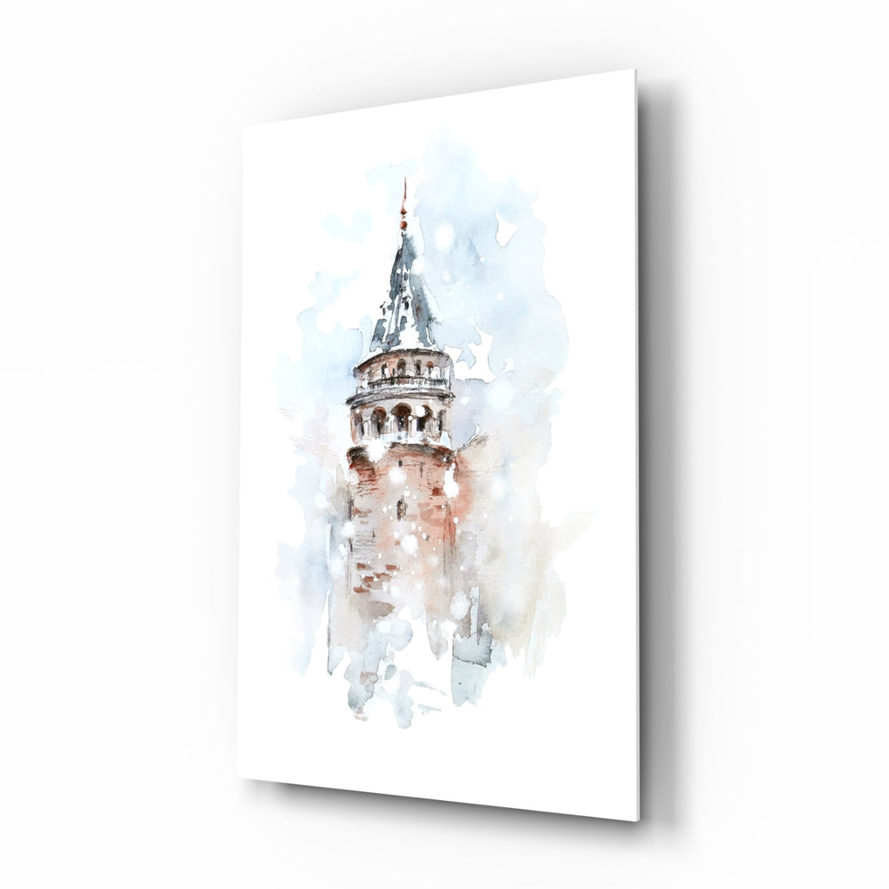 Galata Tower glass wall art displayed above a console in a designer interior