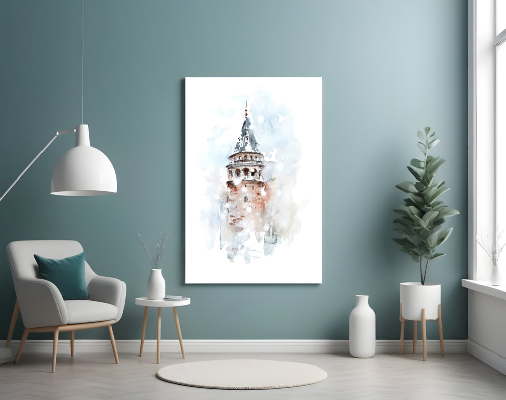 Galata Tower glass wall art styled above a desk in a traveler's-nostalgia study