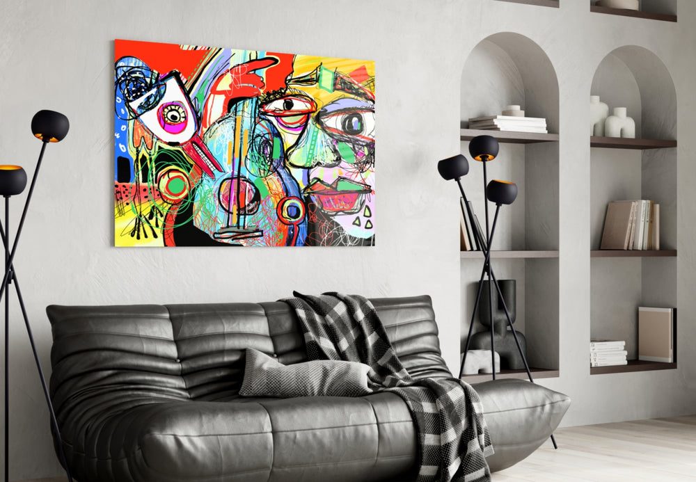 Bird, Violin and Man glass wall art styled in a music room with creative pulse
