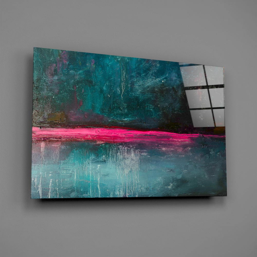 Teal-and-magenta horizon panel bringing painterly drama to a contemporary living space