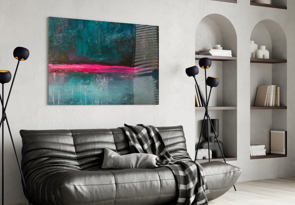 Colors glass wall art styled above a bed in a serene bedroom