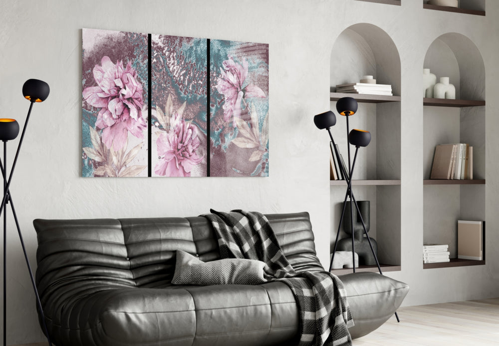 Flowers glass wall art styled above a bed in a serene bedroom