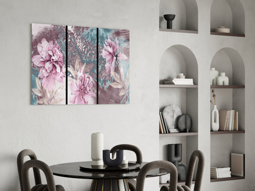Flowers panel adding floral pulse to a powder room