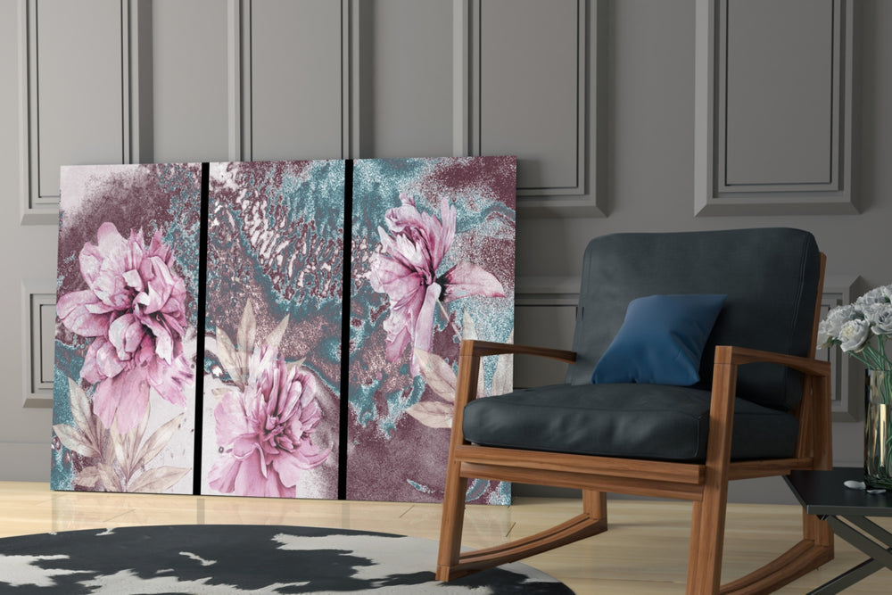 Flowers glass print enhancing a dressing area with painterly charm