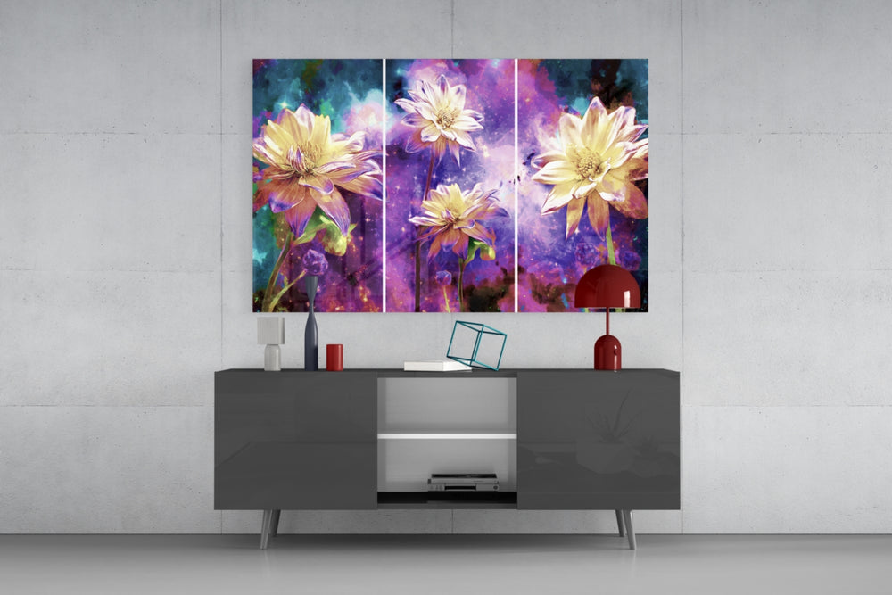 Flowers panel catching gallery light to reveal its painterly stardust
