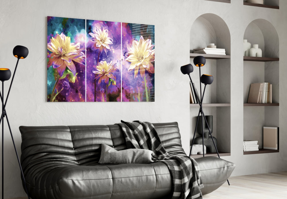 Flowers glass wall art styled above a bed in a dreamy bedroom