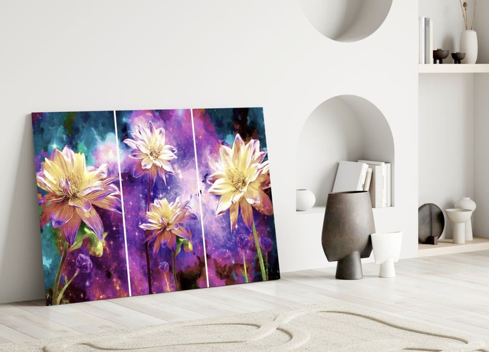 Close-up detail of gold-and-cream chrysanthemums on purple nebula spatter