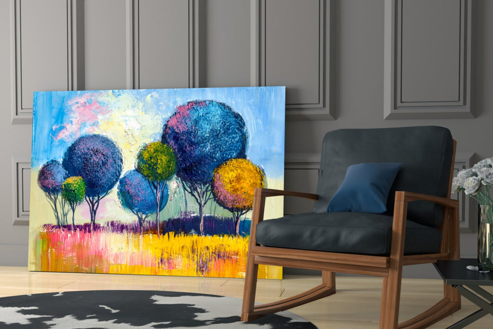 Trees glass print enhancing a dining room with cheerful focal point