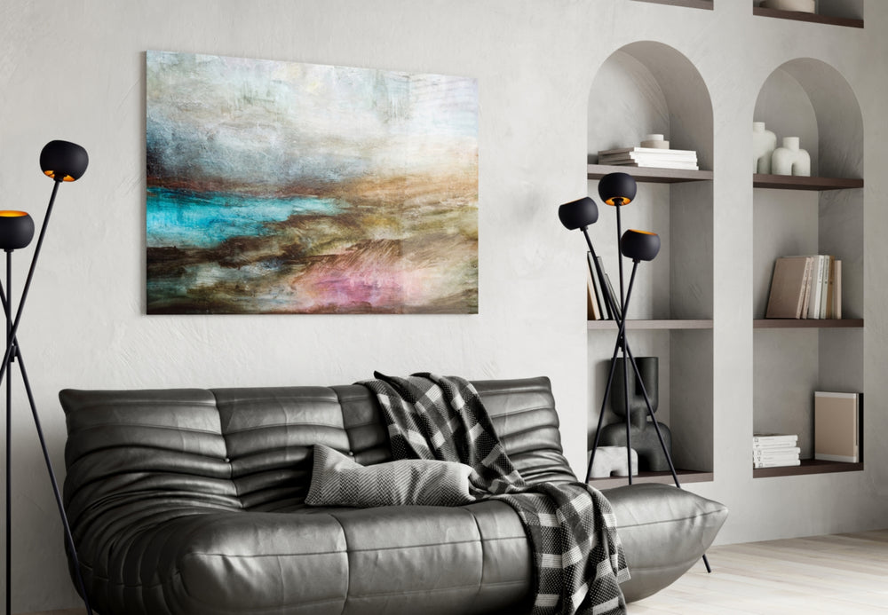 Colors glass wall art styled above a bed in a serene bedroom