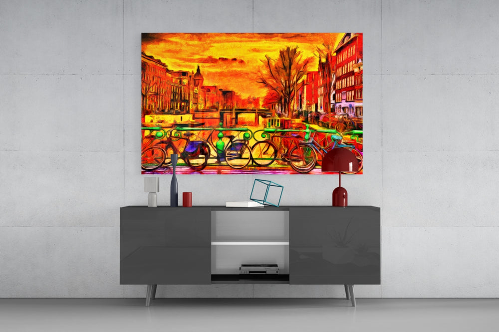 Bicycle and City panel catching daylight to reveal its fauve strokes