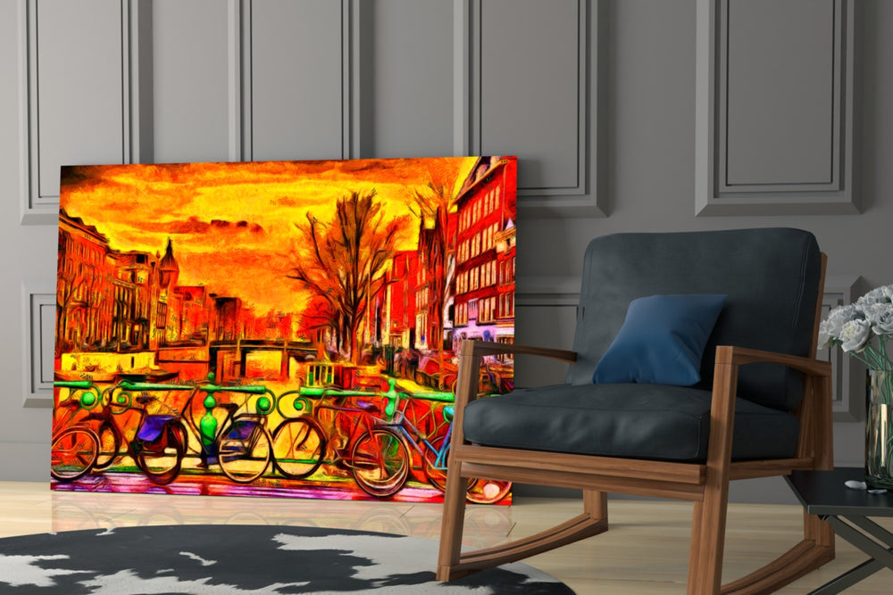 Bicycle and City glass print enhancing a hallway with old-world charm